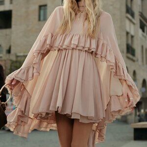 NWT Commense Semi-Sheer Chiffon Ruffle Dress With Outer Cape